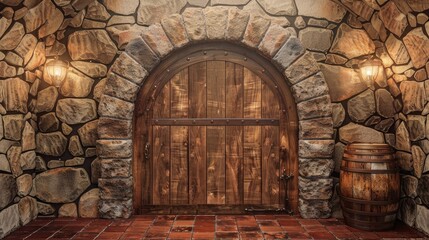 a sturdy stone arch framing a closed wooden door, evoking a sense of mystery and historical charm