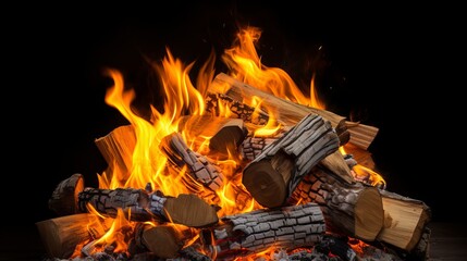 Campfire isolated on white background. Closeup of a pile of firewood burning with orange and yellow flames