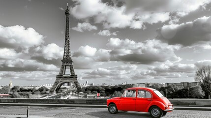 Fototapeta premium composed artistic image featuring the iconic Eiffel Tower in Paris, France, with a charming red retro car