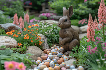 A Stony Rabbit's Vigil in a Flowerbed Cradling the Colors of Spring, Awaiting Easter - obrazy, fototapety, plakaty