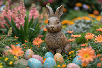 Fototapeta na wymiar A Bunny Among Blooms and Eggs, a Picture of Spring’s Delight, Easter's Floral Harmony