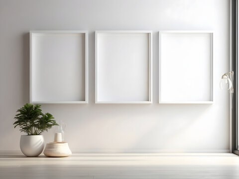 An empty white studio space with three poster frames standing on a spotless wall would provide a great backdrop for a mockup image design.