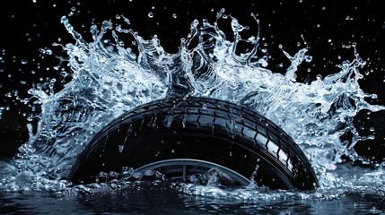 shot capturing a car tire actively splashing through water, vividly illustrating the interaction between vehicle and wet road conditions - obrazy, fototapety, plakaty