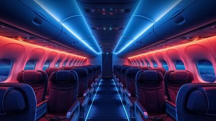 Aircraft interior design, cabin materials, seats, lights of the cabin, empty cabin of plane - obrazy, fototapety, plakaty