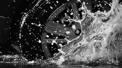 shot capturing a car tire actively splashing through water, vividly illustrating the interaction between vehicle and wet road conditions