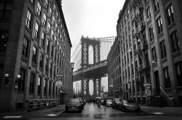Manhattan bridge New York City. USA. Black and white image.