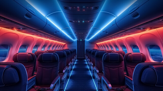 Aircraft interior design, cabin materials, seats, lights of the cabin, empty cabin of plane