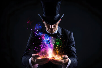 Mysterious magician in dark suit demonstrates magic performance in his hands. Bright flash in his hands, miracle. Magic in circus - obrazy, fototapety, plakaty