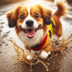 Happy brown and white dog splashing in a puddle wearing a colorful vest, capturing a fun and dynamic moment.