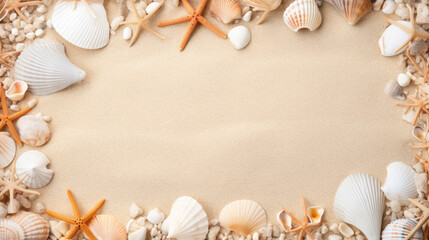 Fototapeta premium Summer holidays background with frame and shells
