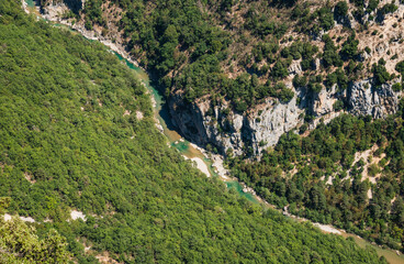 The Verdon Gorge canyon and Sainte Croix du Verdon in the Verdon Natural Regional Park, France. Panoramic view at sunny day. - 739502346