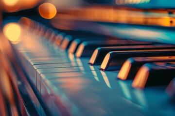 A close-up of piano keys illuminated by warm lighting.