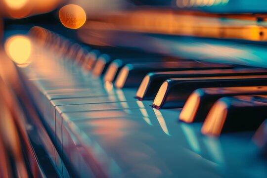 A close-up of piano keys illuminated by warm lighting.