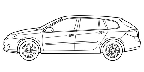 Classic city class car. Station wagon. 5 door car on white background. Side view shot. Outline doodle vector illustration