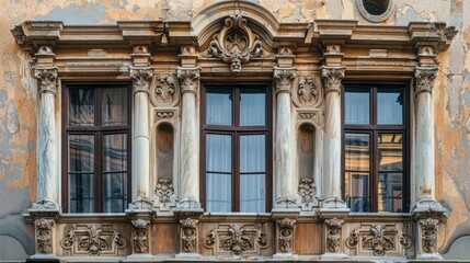 old windows adorned with intricately carved architraves, gracing a historic building - obrazy, fototapety, plakaty