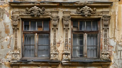 old windows adorned with intricately carved architraves, gracing a historic building