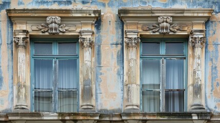 old windows adorned with intricately carved architraves, gracing a historic building