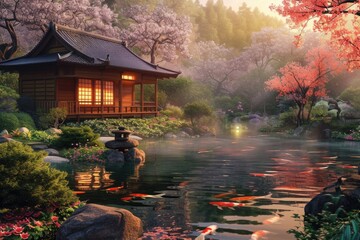 The warm sunset glow reflects on the tranquil waters of a koi pond by a traditional Japanese...