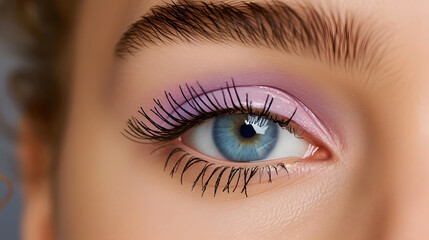 Obraz premium Close-up of Blue Eye with Purple Eyeshadow and Mascara Beauty Makeup Concept