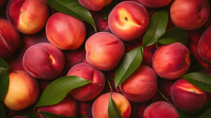 Top view on fresh peaches on bright red background