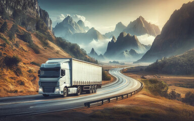 Large white transport truck transporting commercial cargo in semi trailer running on turning way highway road with scenic mountains mountaineous scenery in background