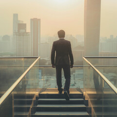 Back view of businessman walking up stairs on city background. Career and success concept