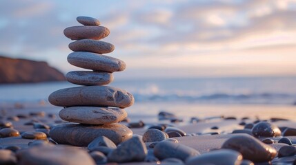 Serene stones balanced on a sandy shore, evoking tranquility - obrazy, fototapety, plakaty