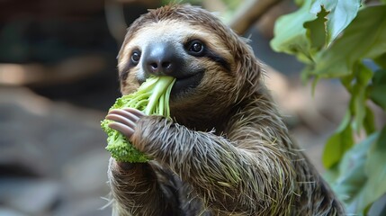 Naklejka premium Happy Sloth Holding and Eating Green Vegetables
