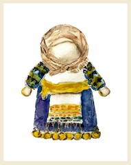 Ukrainian folk doll motanka, watercolor illustration