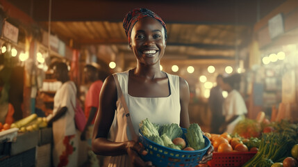 Cheerful woman is pictured shopping at a market, surrounded by fresh vegetables and fruits.