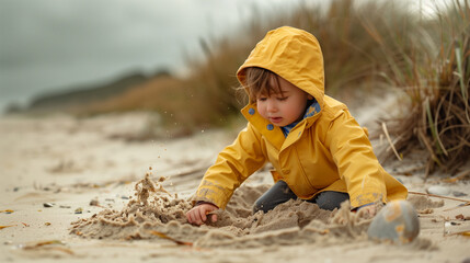  Toddler in a yellow raincoat plays with sand on a beach, with dune grass and cloudy sky backdrop. - obrazy, fototapety, plakaty