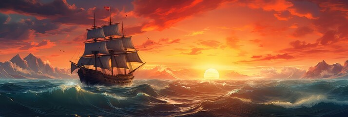 pirate ship sails bravely across the vast sea. It's an adventure on the high seas!  - obrazy, fototapety, plakaty