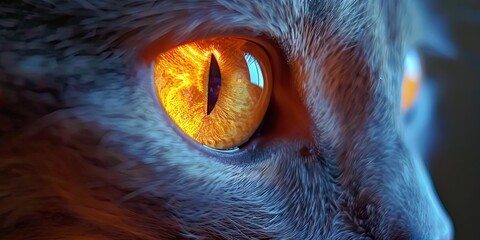 ðŸ”¥âœ¨ Mesmerizing Glow: Orange Cat Eyes in the Dark! ðŸ¾ðŸŒ‘  - obrazy, fototapety, plakaty