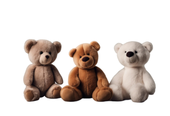Cutout set of 3 stuffed animal bear toys isolated on transparent background