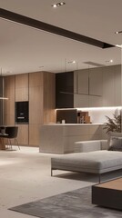 Modern kitchen with sleek wood finishes and ambient lighting creates a luxurious ambiance.