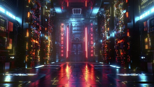 cyberpunk hall with red neon, an aura of innovation with its lighting effects and detailed design elements. Seamless loop animation render