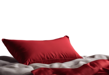 Red pillow on bed sheet isolated on transparent background