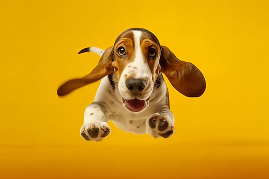 Joyful Leaping Puppy Captured Mid-Air For Delightful Banner Image Against Vibrant Yellow Background