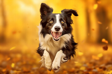 Fototapeta premium Autumns Joyful Ambassador: Exuberant Dog Leaps Amongst Golden Leaves Banner