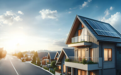 Solar panel on roof of a house. Background with copy space. Banner - obrazy, fototapety, plakaty