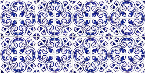 Detail texture of blue and white wall tiles typically for Portuguese cities like Porto or Lisbon