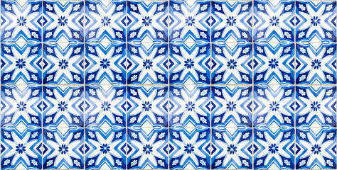 Detail texture of blue and white wall tiles typically for Portuguese cities like Porto or Lisbon