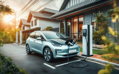 Generic electric vehicle EV hybrid car is being charged from a wallbox near a contemporary modern residential building house