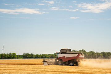 Combine harvester on the wheat field