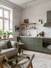 Bright kitchen with green cabinets merges seamlessly with a cozy living area. Exposed brick adds a rustic touch.