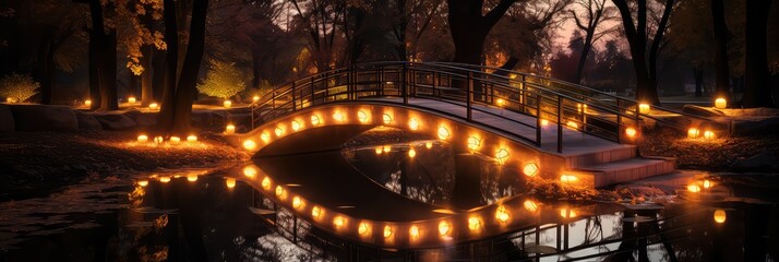 Fototapeta na wymiar Illuminated Pathway: A Bridge Over a River, Its Lights Aglow in the Night, Creating a Magical and Tranquil Scene. 