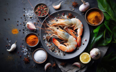 Shrimps with seasonings in bowl on stone rustic background from above. Fresh cooked delicious grilled shrimps served on plate top view, healthy seafood meal