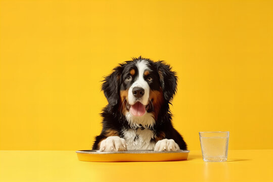 Delightful Bernese Mountain Dog Ready for a Feast: Banner Image with Vibrant Yellow Background