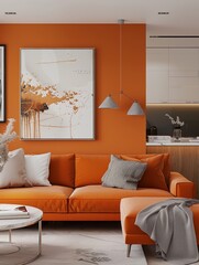 A vibrant lounge with orange walls and contemporary style. The abstract art adds a touch of sophistication.