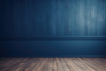 Blue indigo painted modern wooden wall classic style woth wainscot. Empty room interior design. Wall background and parquet minimalist design.
